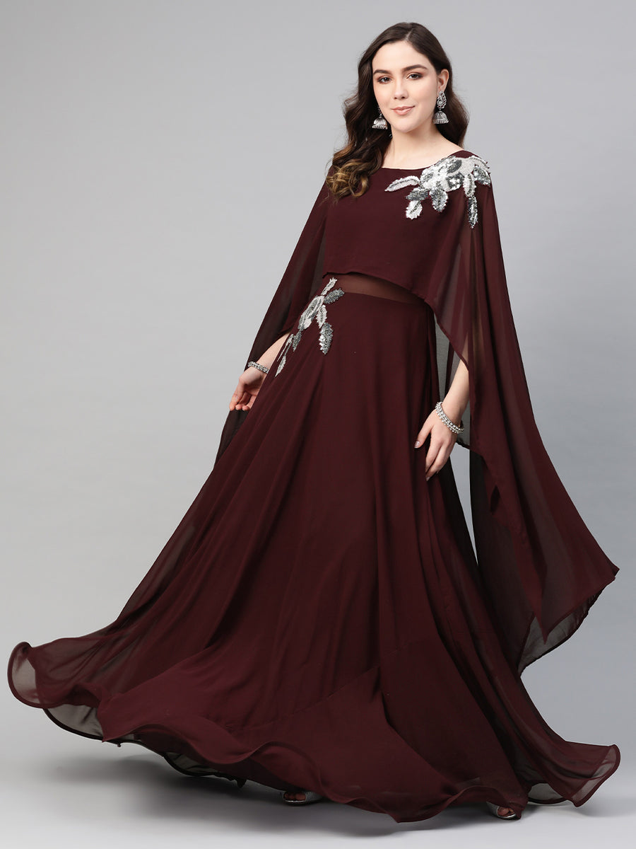 QBGY6510 Georgette Sequnned Cocktail Gown with Attached Cape