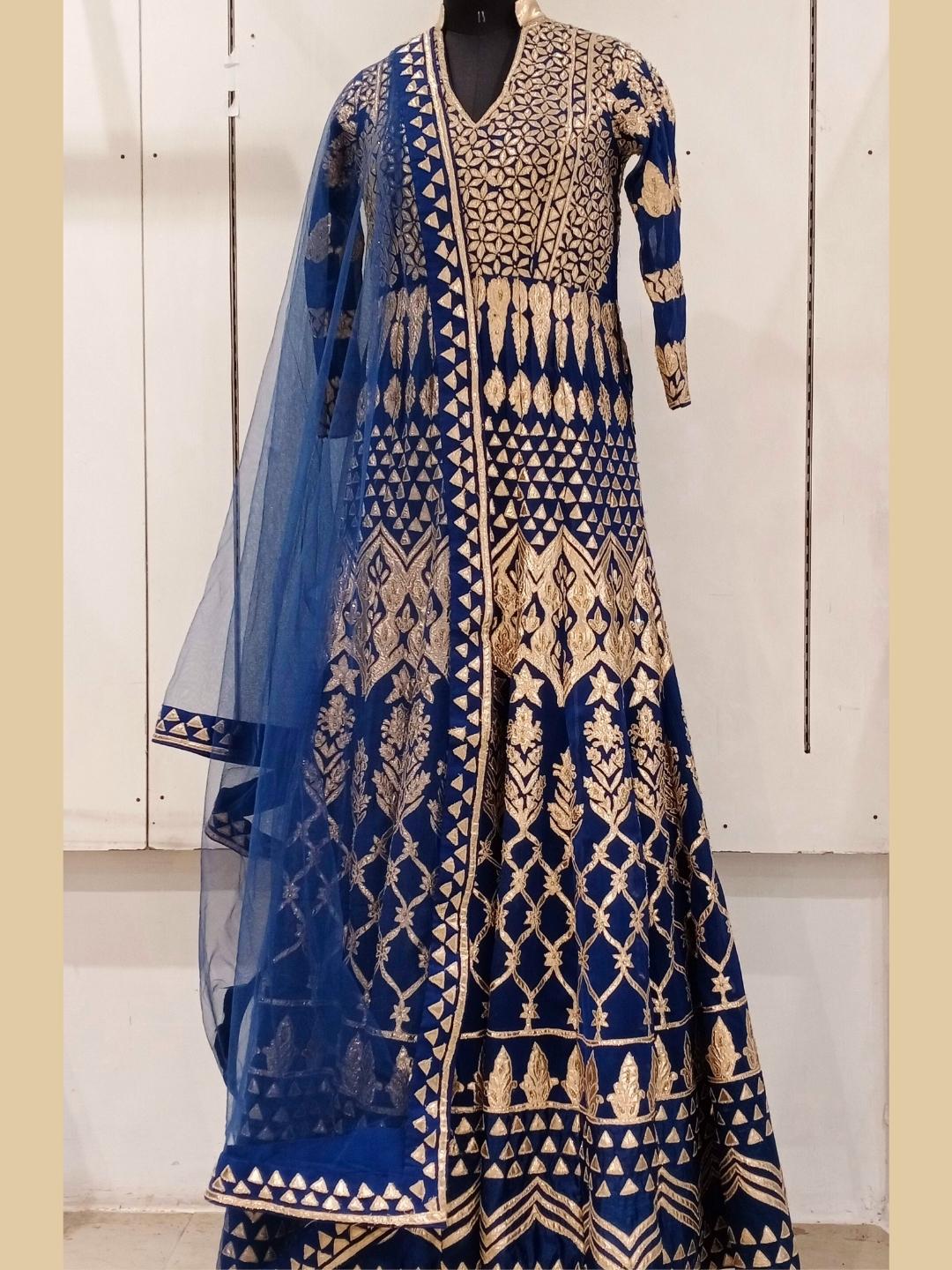 Blue Georgette Gown Dress With Heavy Golden Work Embellishments Chhabra 555