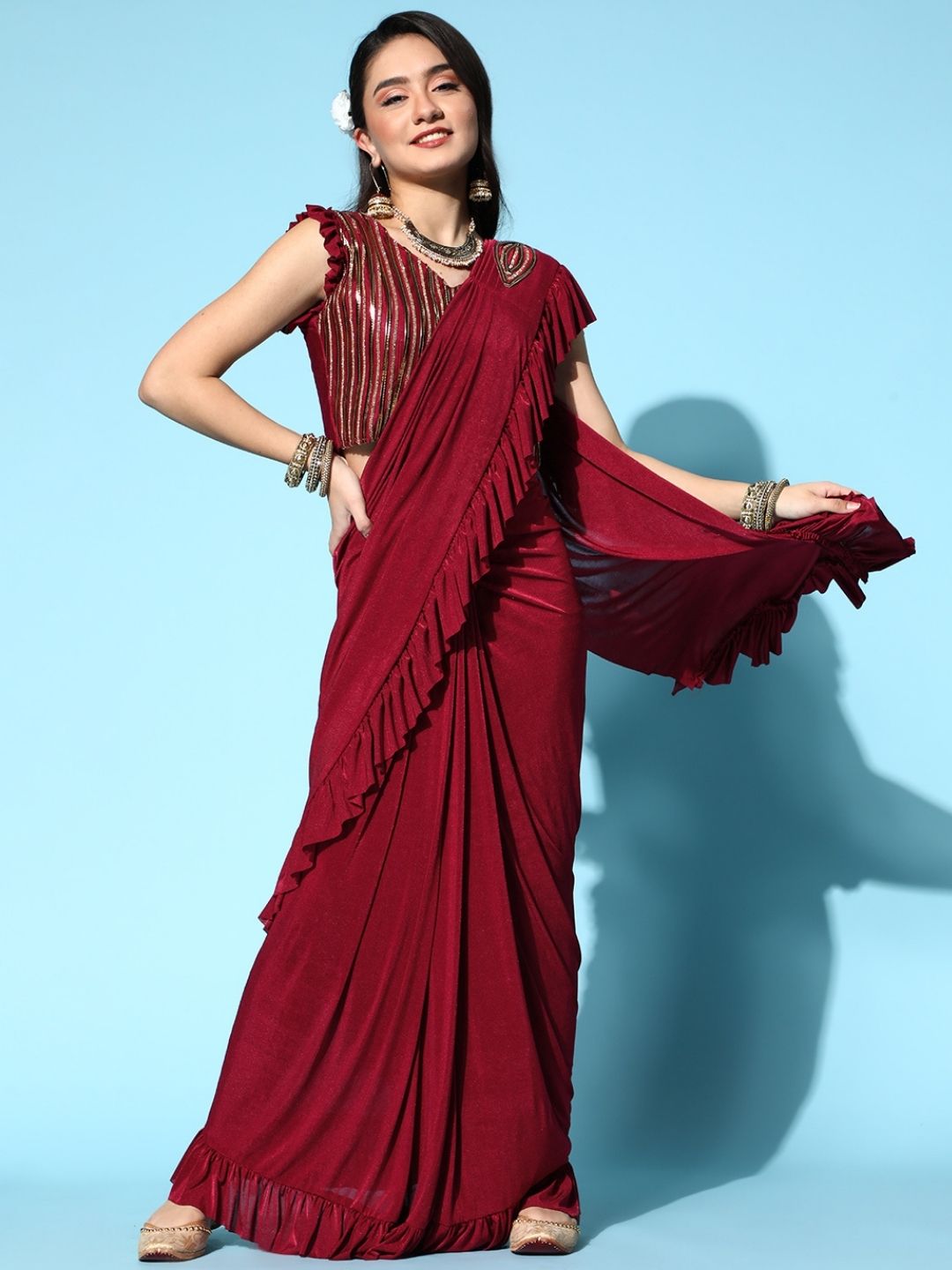 Maroon Ready To Wear Saree With Designer Blouse | ESTFABS-1720 | Cilory.com