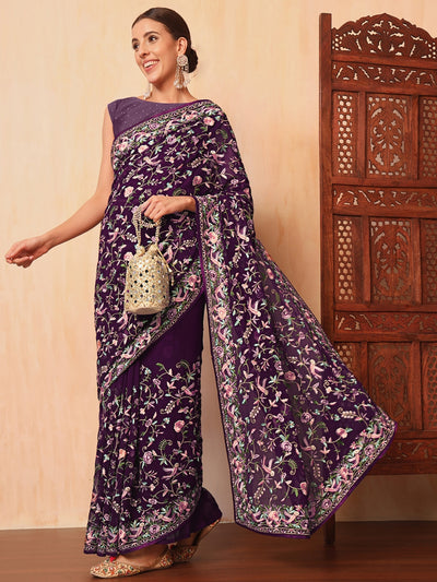 Chhabra 555 Purple Parsi Resham Embroidery Saree with Intricate Floral Motifs