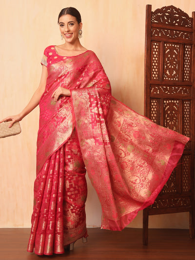 Chhabra 555 Magenta Resham Meenakari Traditional Chanderi Silk Saree with Peacock Motifs 