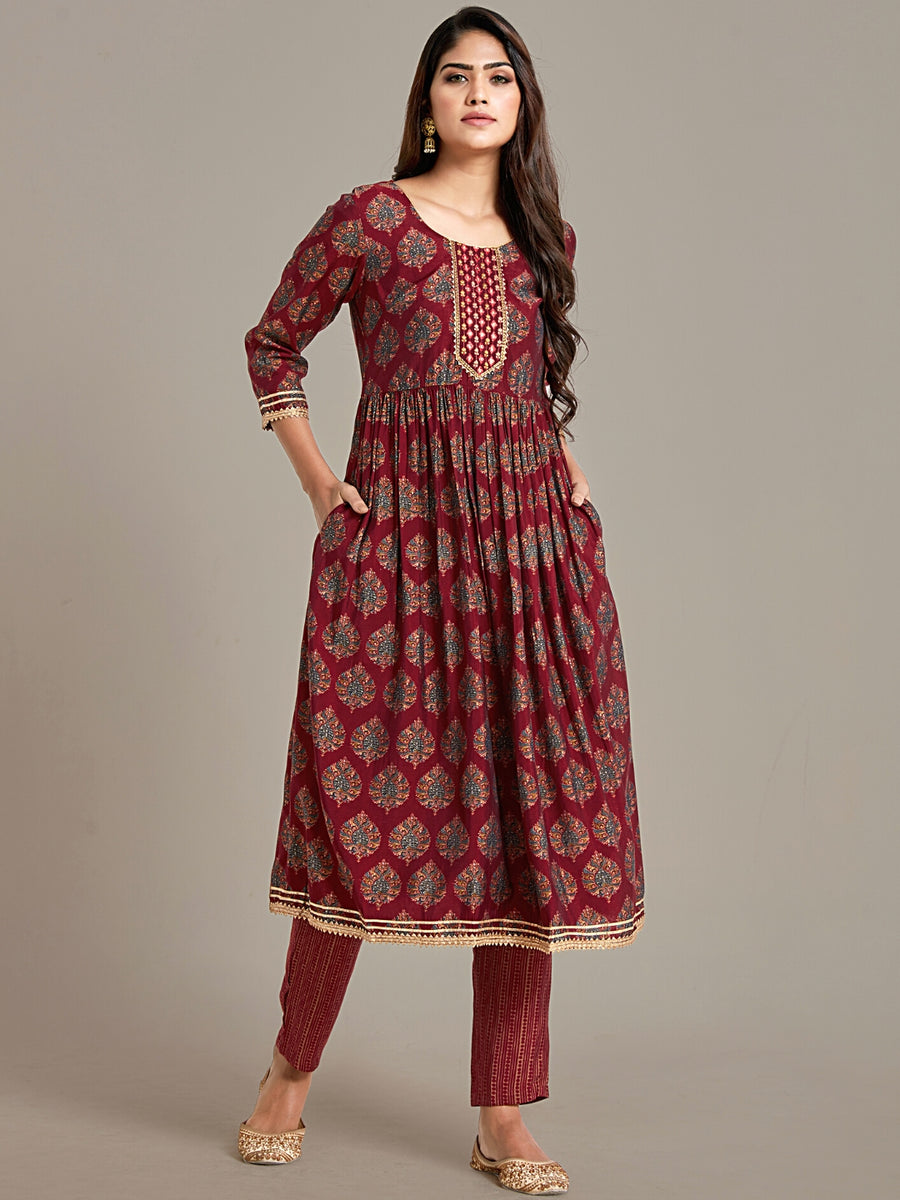 EMTB1620 Maroon Ethnic Motifs Anarkali Sharara Set with Gotta Patti ...