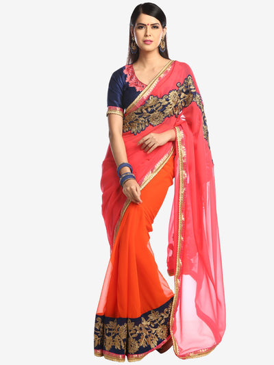 Chhabra 555 Orange pink Half-and-half embroidered saree with applique cutwork pattern on pallu