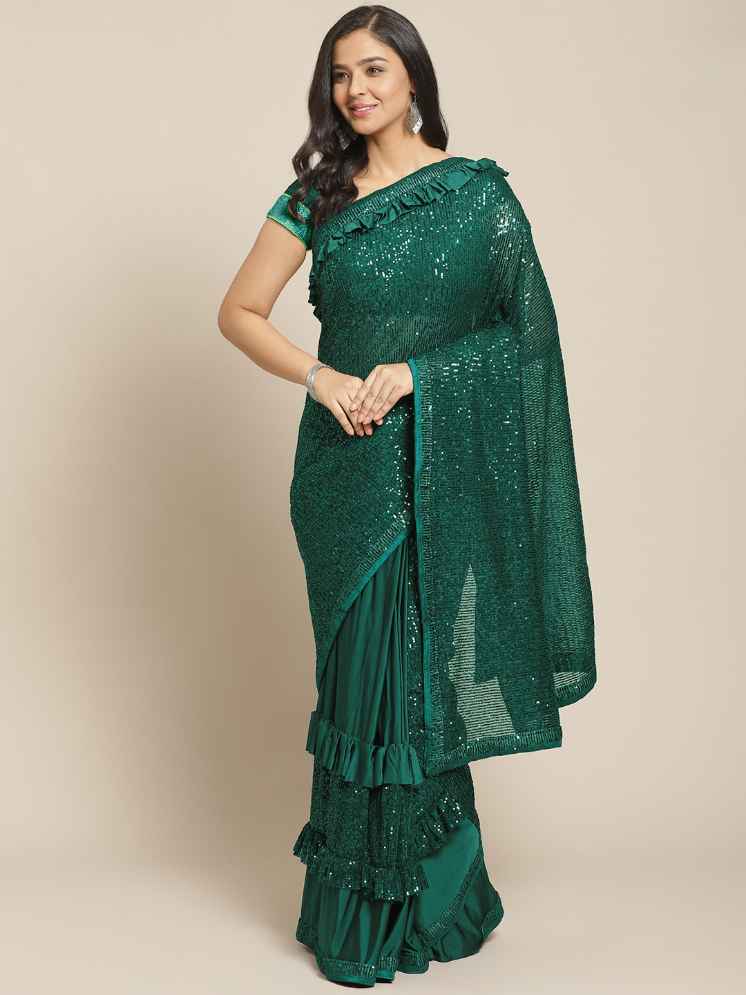Pre-stitched Ruffled Lycra Saree in Sea Green : SWS6157