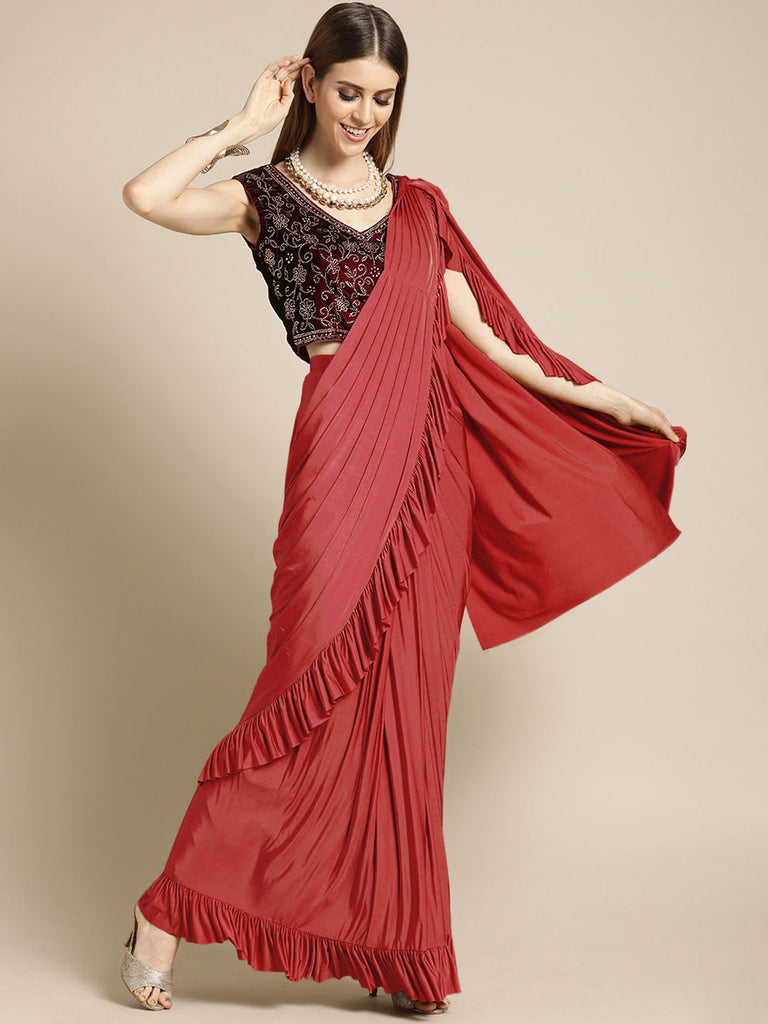 Buy Red Georgette Embroidered Square Neck Ruffle Saree With Blouse For  Women by DiyaRajvvir Online at Aza Fashions.