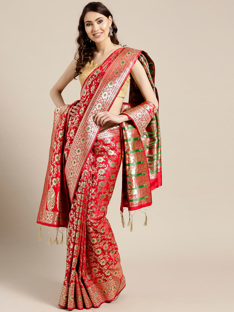 Designer Saree Zardozi Work On Banarasi Saree - Red Color – BharatSthali