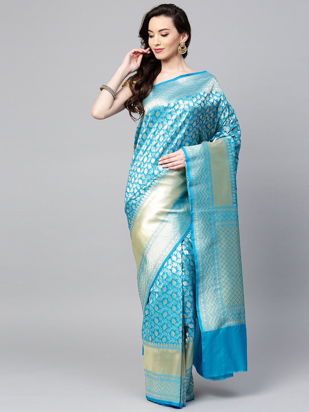 Buy Jolly Enterprise Bridal Banarasi Katan Silk Saree with Heavy Jaal and  All over Buta Zari contrast Border - Aqua/Turquoise-blue at Amazon.in