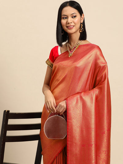 Chhabra 555 Red Woven Ethnic Kanjeevaram Handloom Saree with Gold Zari Ethnic Motifs