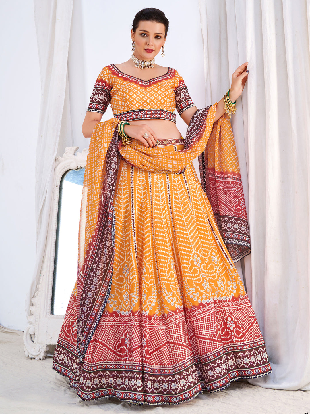 Ombre Embellished Mustard Maroon Bandhani Print Lehenga Choli Set – Chhabra  555