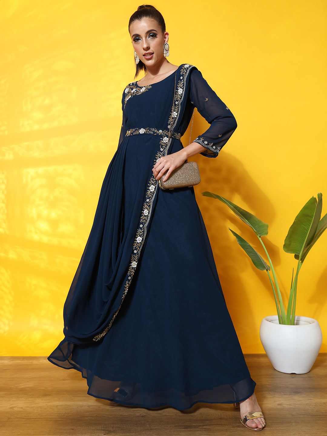 TSVV7860 Pre Draped Saree Style Dress with Sequin Cut dana Embroidery Attached dupatta Belt Chhabra 555