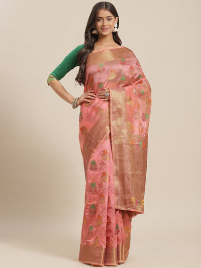 Chhabra 555 Pink Chanderi Brocade Traditional Saree with Meenakari Floral Motifs