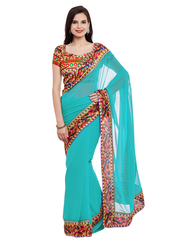 Buy Naeusa Tourquise Blue Banarasi Peacock Desing Polka Saree with  Unstiched Blouse Online at Best Prices in India - JioMart.