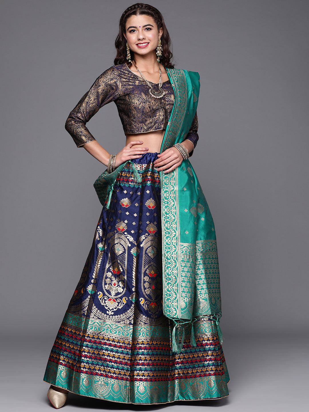 VQRE8421 Semi Stitched Banarasi Brocade Silk Lehenga Choli with Zari &  Resham Weaving,Tassels – Chhabra 555