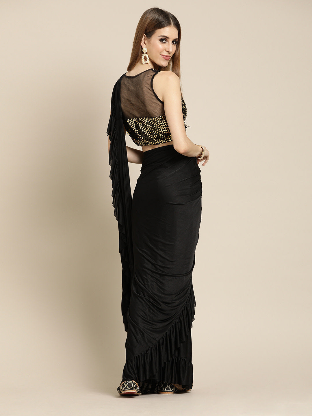 Black Pre-Stitched Lycra Saree For Cocktail