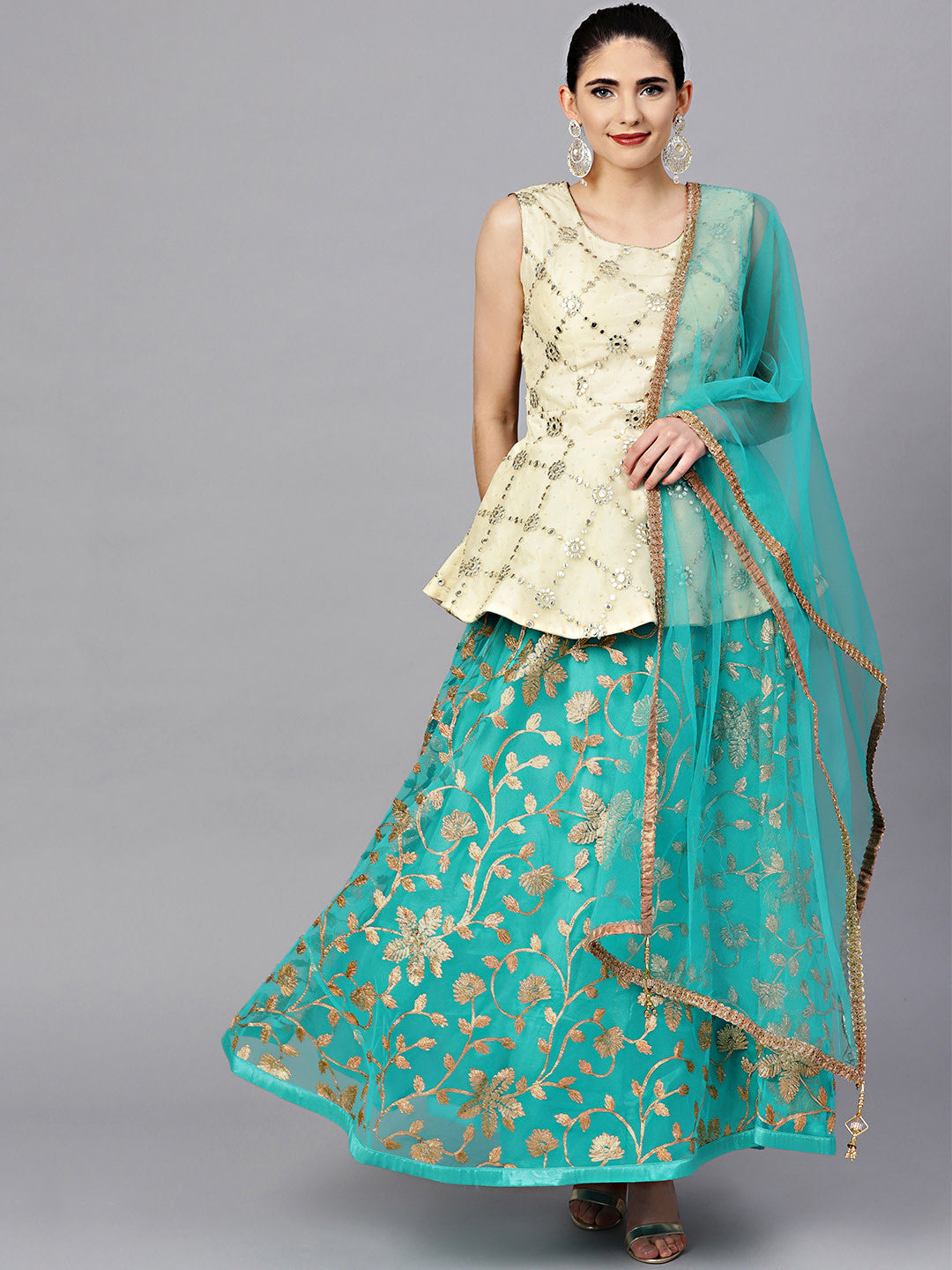 Handcrafted Lehenga with Peplum in Bottle Green Color